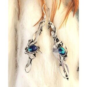 Upcycled Azurite Malachite Artisan Sculptural Sterling Silver Dangle Earrings